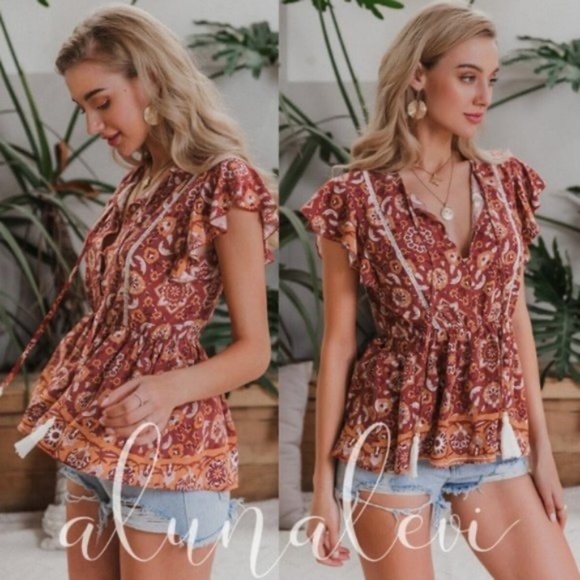 Boho Red Floral Print Half Button Butterfly Sleeve Blouse - Picture 2 of 3